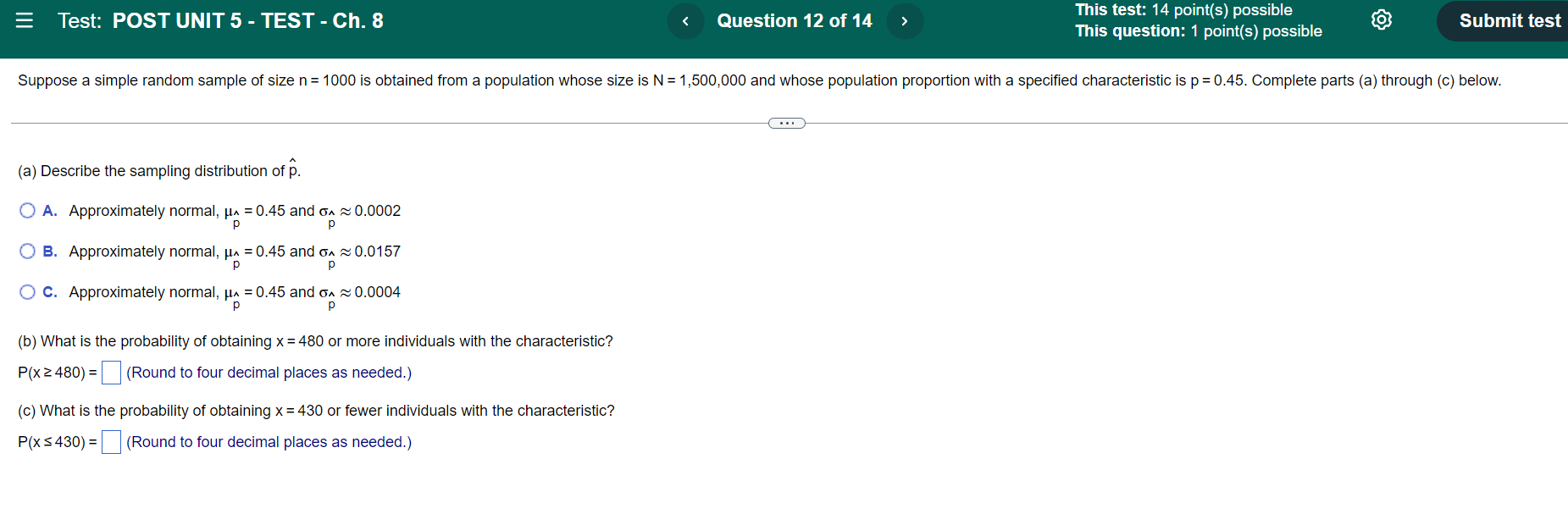 Test: POST UNIT 5 - TEST - Ch. 8 Question 12 of