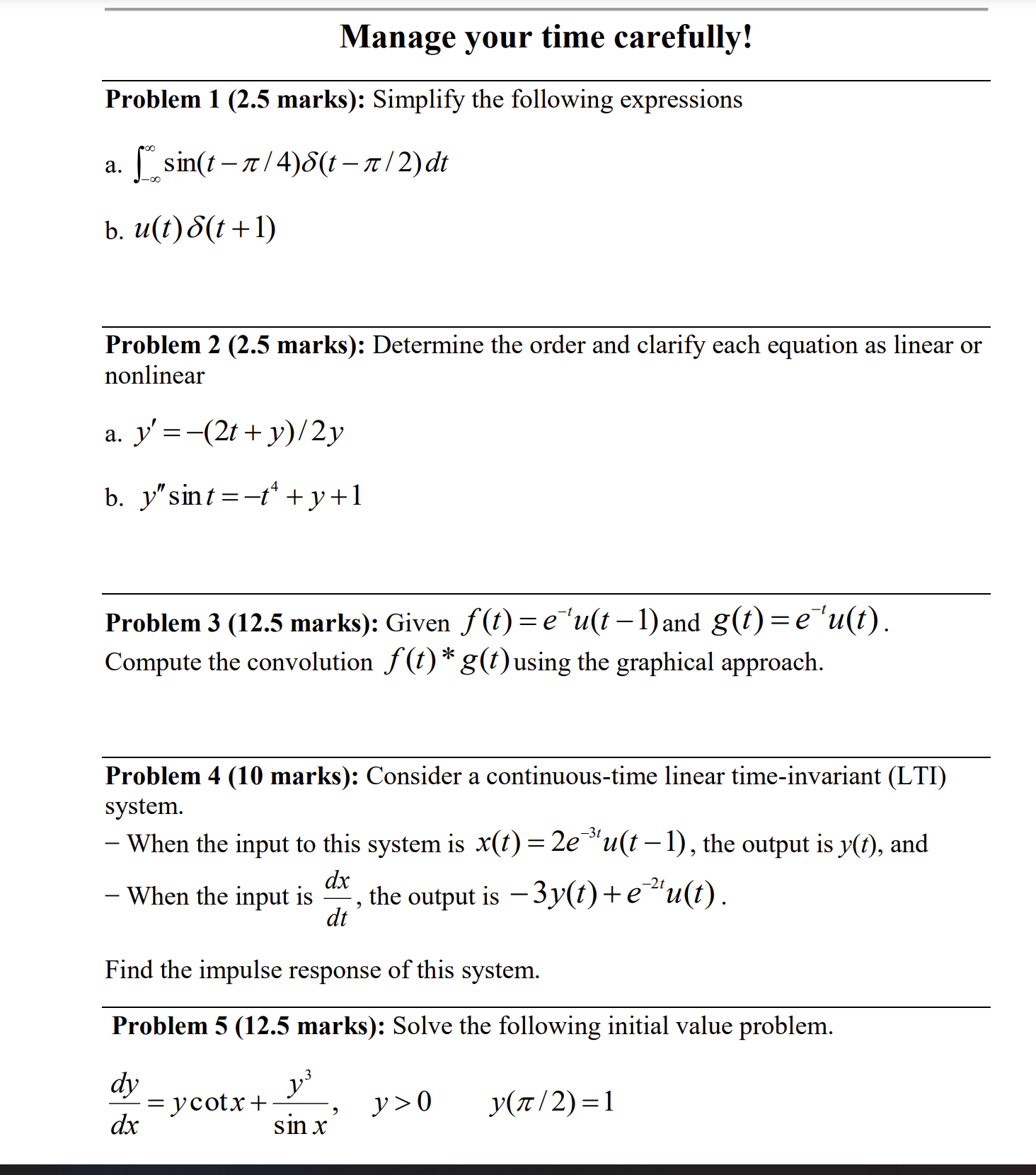 expressions a. [sin(t - 7/4)8(t - n/ 2) dt b. u(t) S(t