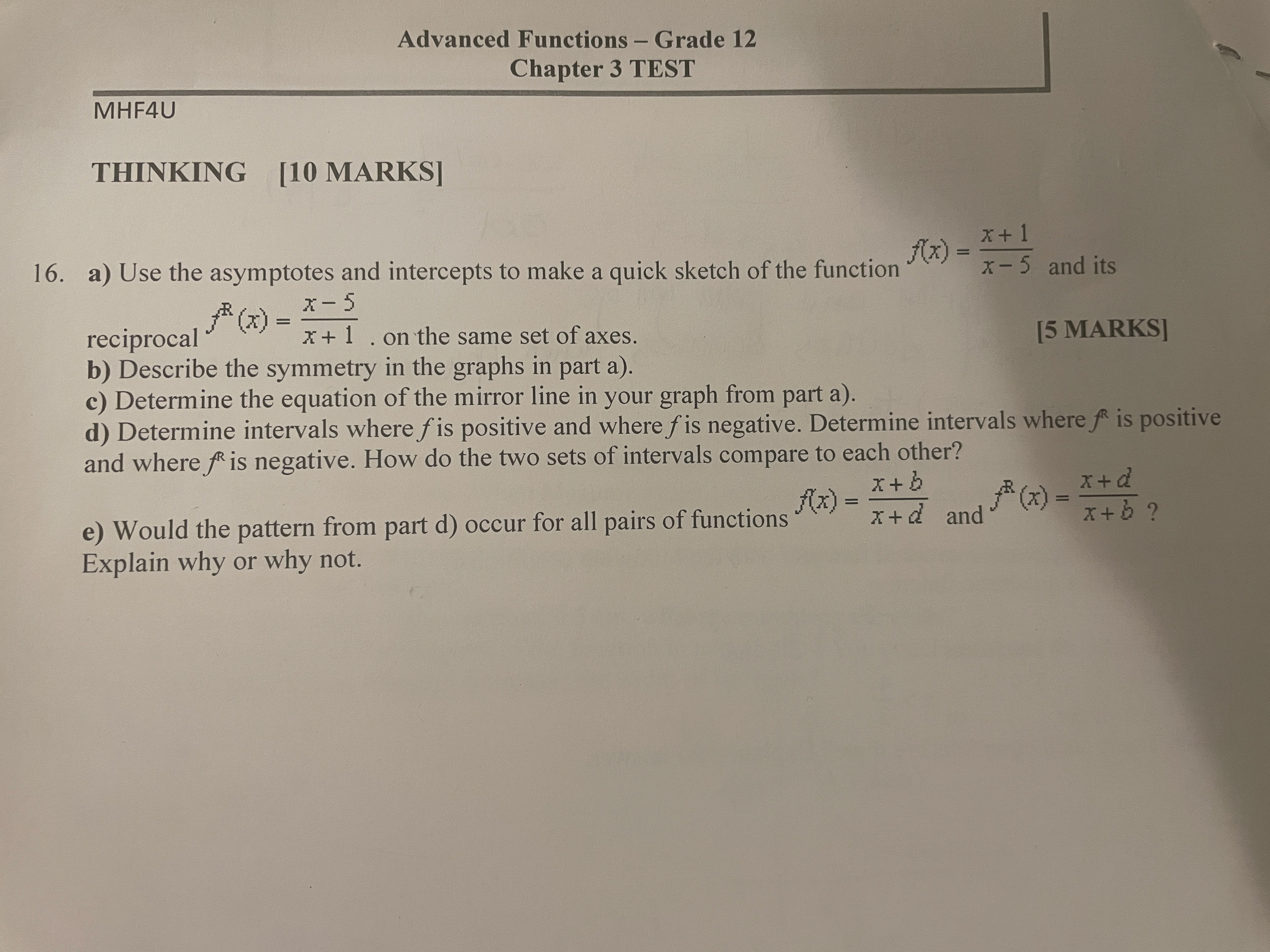 Advanced Functions - Grade 12 Chapter 3 TEST MHF4U THINKING [10
