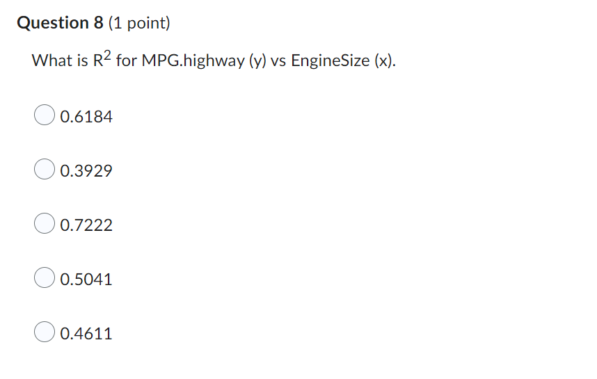 next examine mileS per gallon on the highway {MPG.highway) V5 engine size