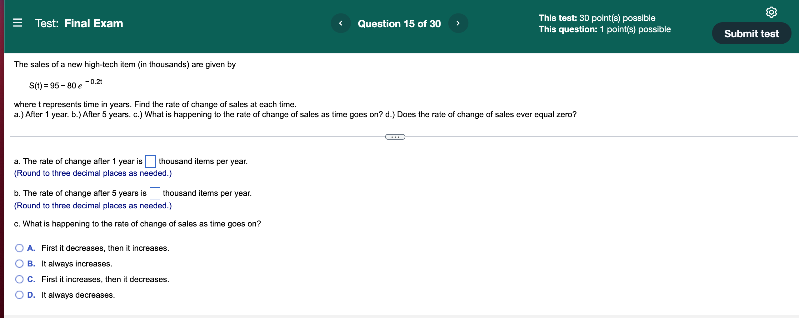  This test: 30 point(s) possible This question: 1 point(s) possible Submit