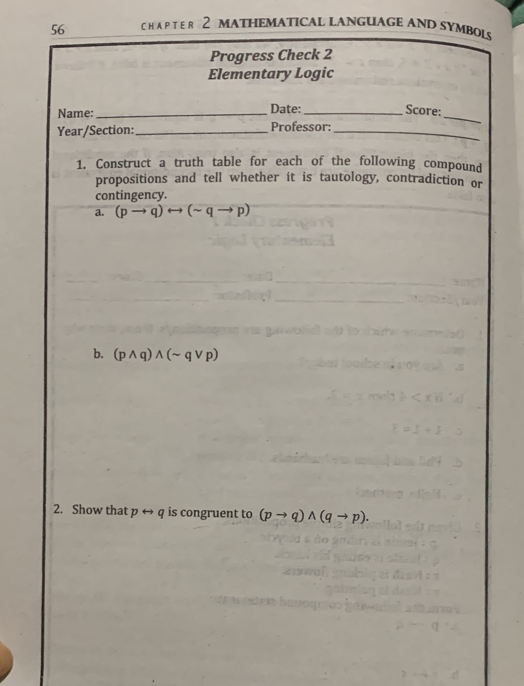 Answer numbers 1-2Show complete solution 56 CHAPTER 2 MATHEMATICAL LANGUAGE AND SYMBOLS
