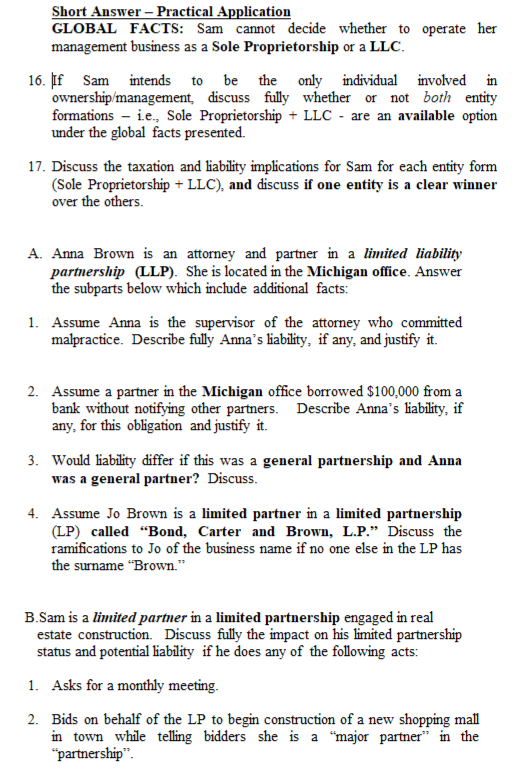  Short Answer - Practical Application GLOBAL FACTS: Sam cannot decide whether