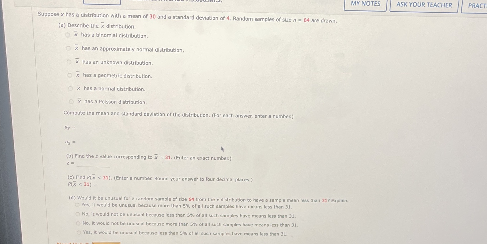  MY NOTES ASK YOUR TEACHER PRACT Suppose x has a distribution