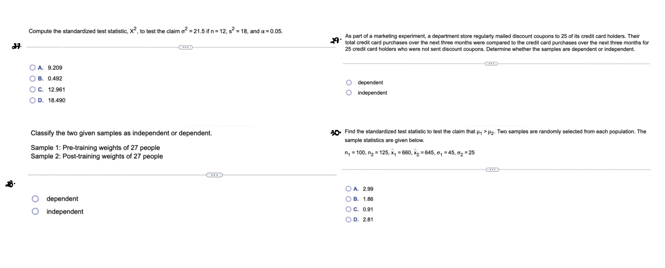 Compute the standardized test statistic, X2, to test the claim o2