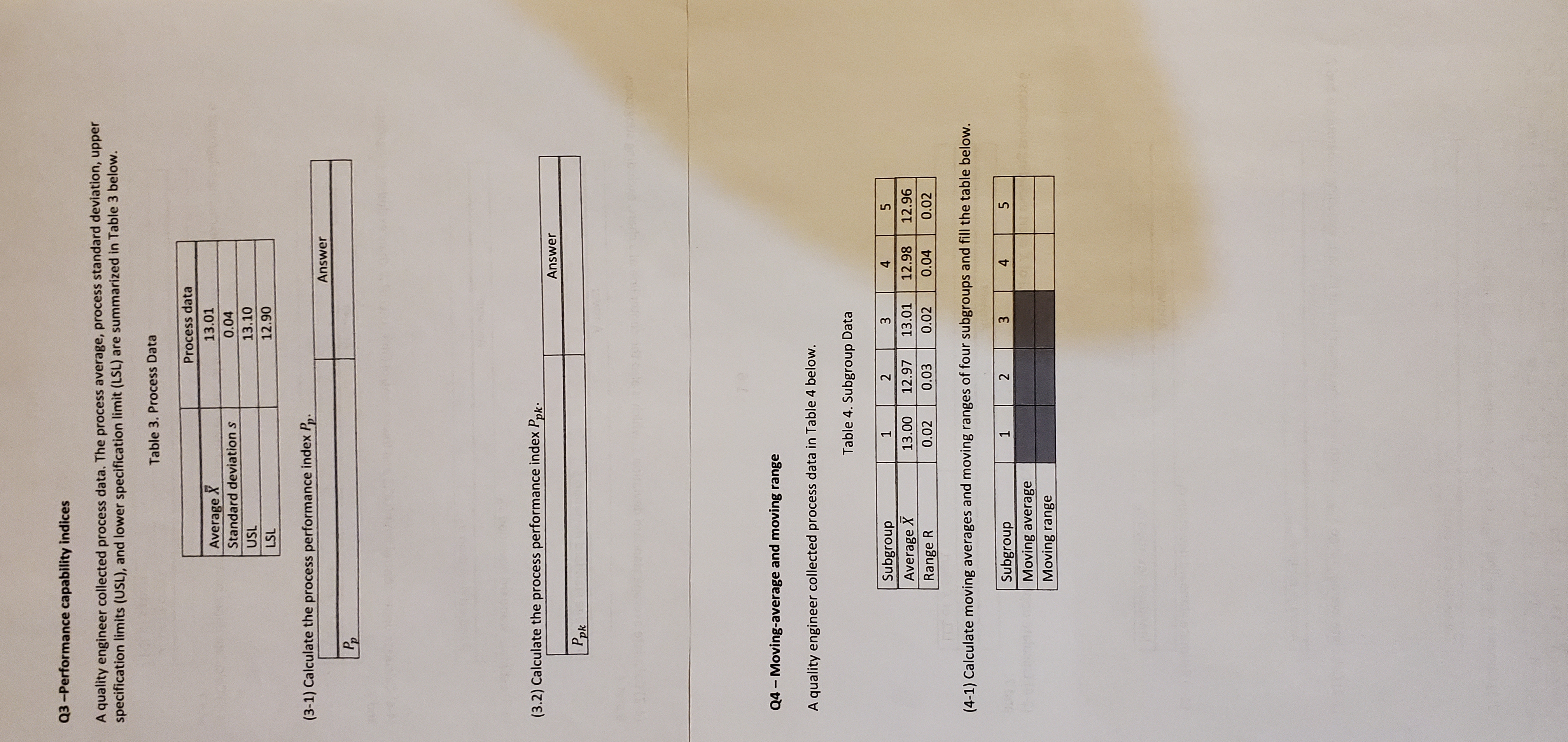 Q3 -Performance capability indices A quality engineer collected process data. The