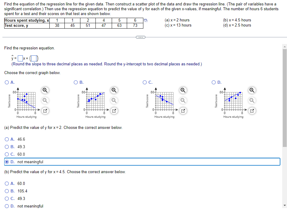  Find the equation ofthe regression line for the given data. Then