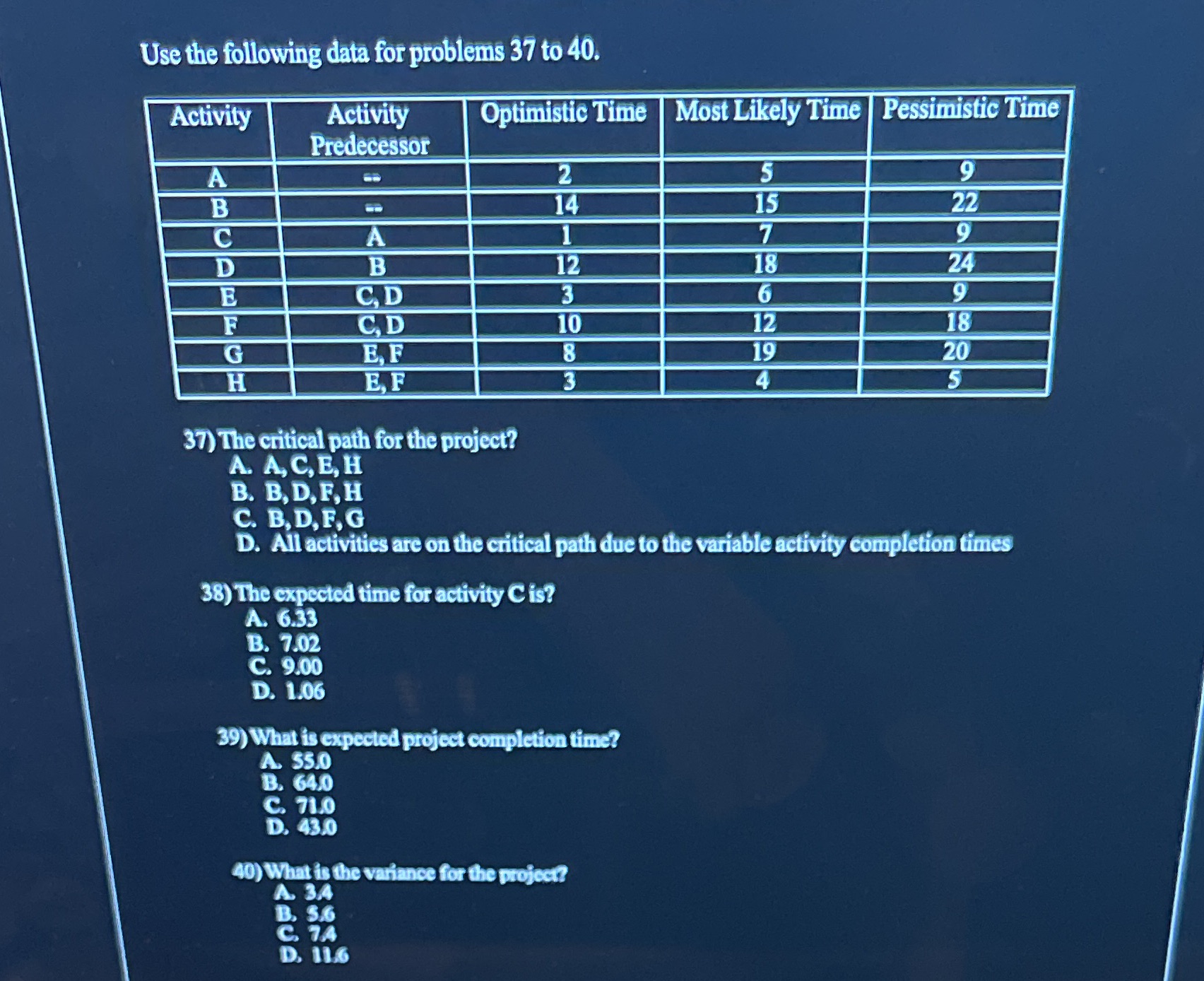 Use the following data for problems 37 to 40. Activity Activity