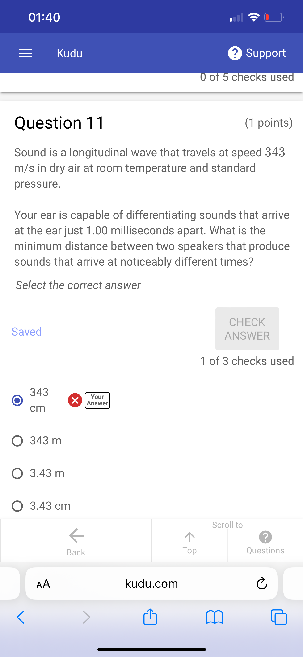  Question 11 (1 points) Sound is a longitudinal wave that travels