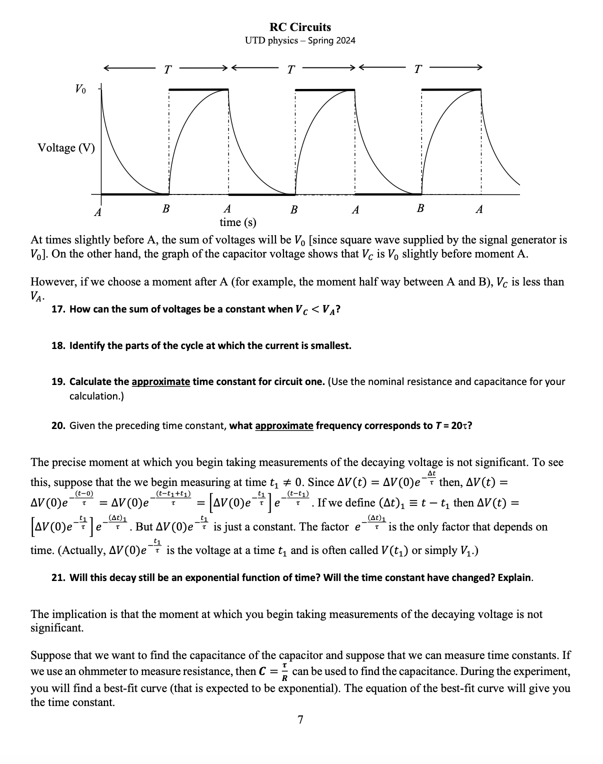 QUESTIONS 16 - 28 ONLY RC Circuits UTD physics Spring 2024 T