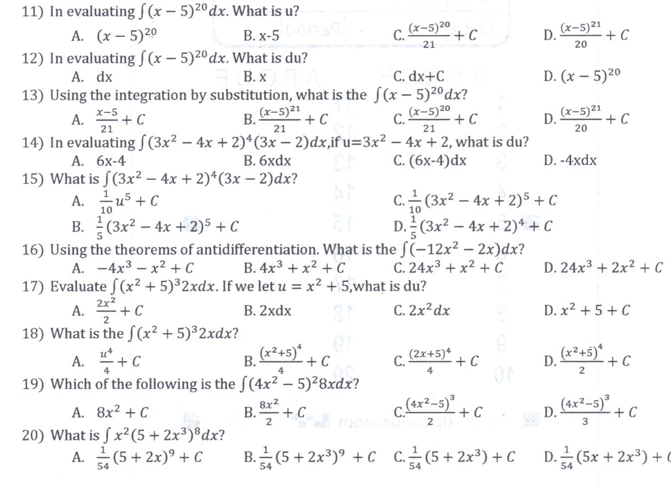 Topic: derivative, anti derivative, using u substitution 11) In evaluating S (x