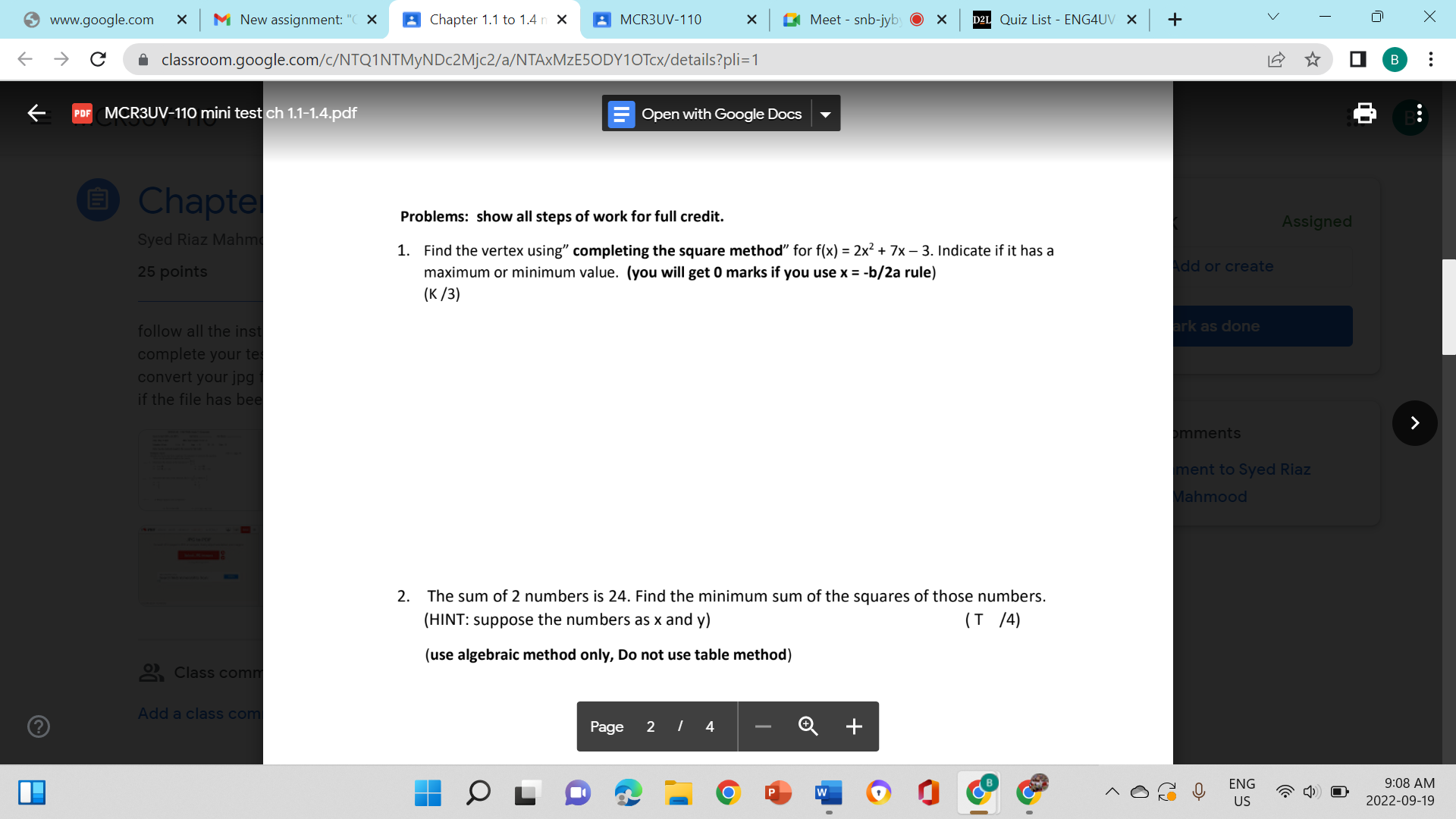  S www.google.com X M New assignment: "( X Chapter 1.1 to