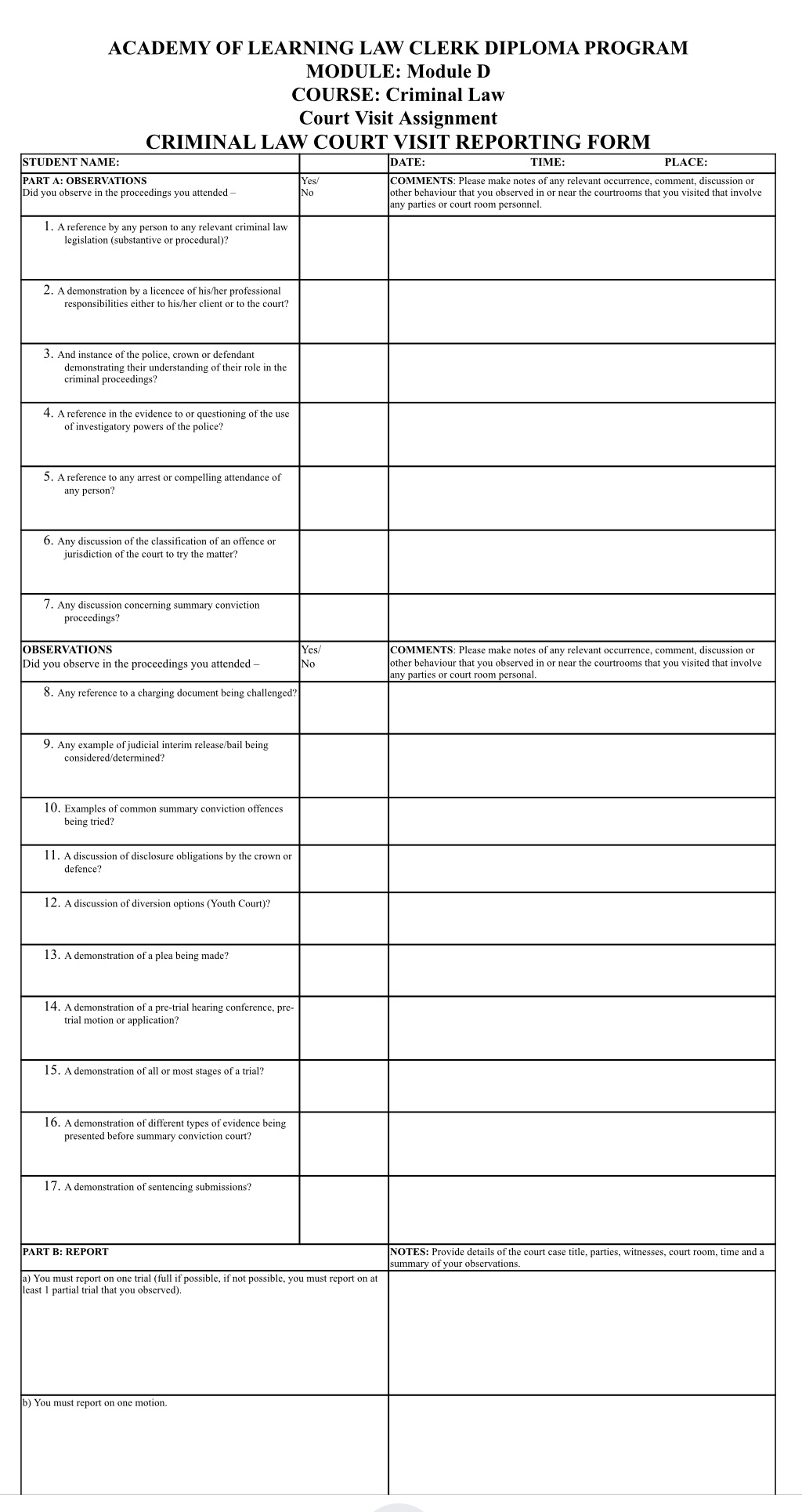 ACADEMY OF LEARNING LAW CLERK DIPLOMA PROGRAM MODULE: Module D COURSE: