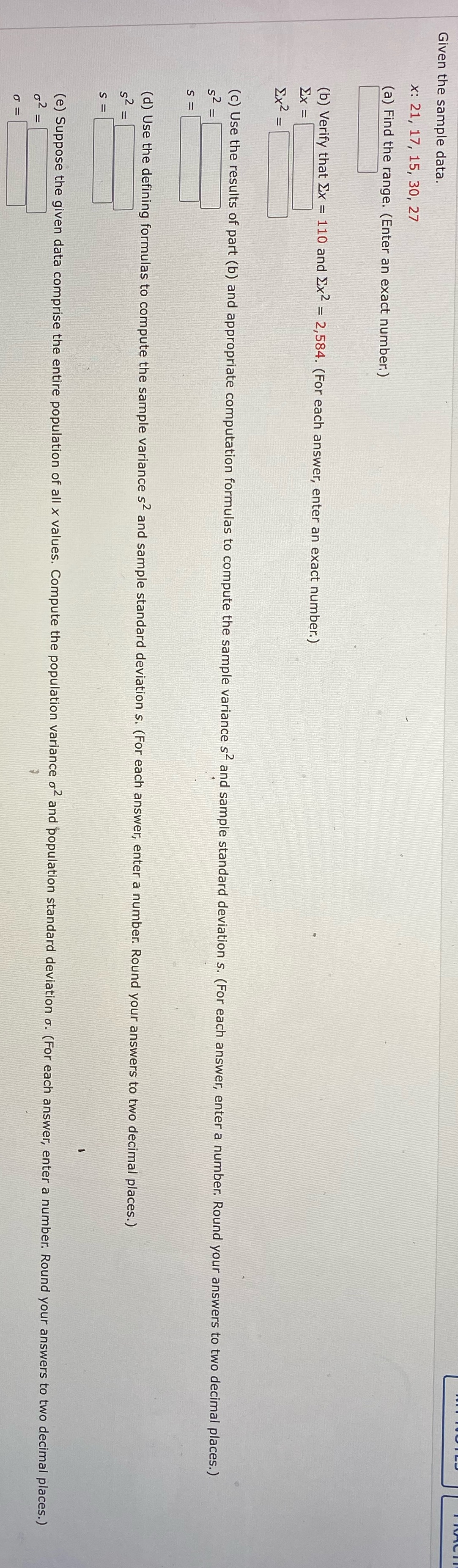  Given the sample data. x: 21, 17, 15, 30, 27 (a)