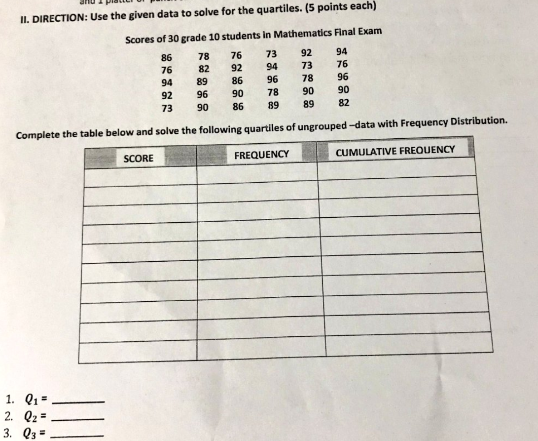 typewritten please thank you ! II. DIRECTION: Use the given data to