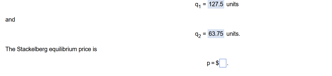 A duopoly faces a market demand of p=120 - Q. Firm 1