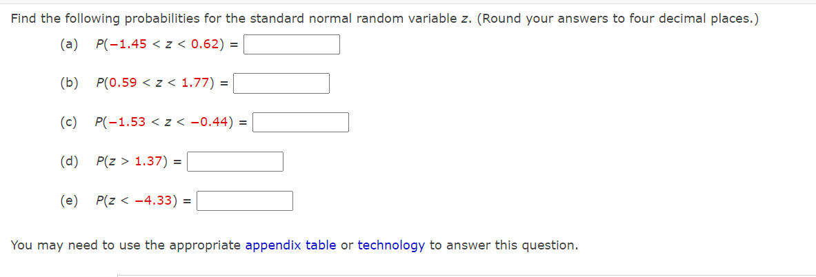 (a) P(z 1.19) = (c) P( - 2.37 1.37) = (e) P(z