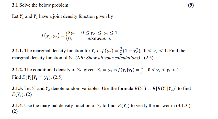 3.1 Solve the below problem: (9) Let Y, and Y2 have