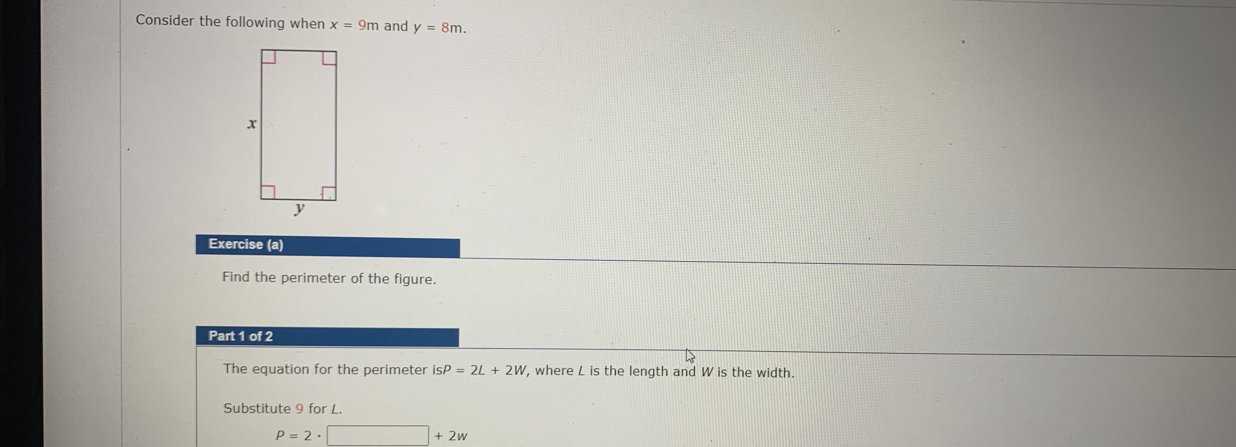  Consider the following when x = 9m and y = 8m.