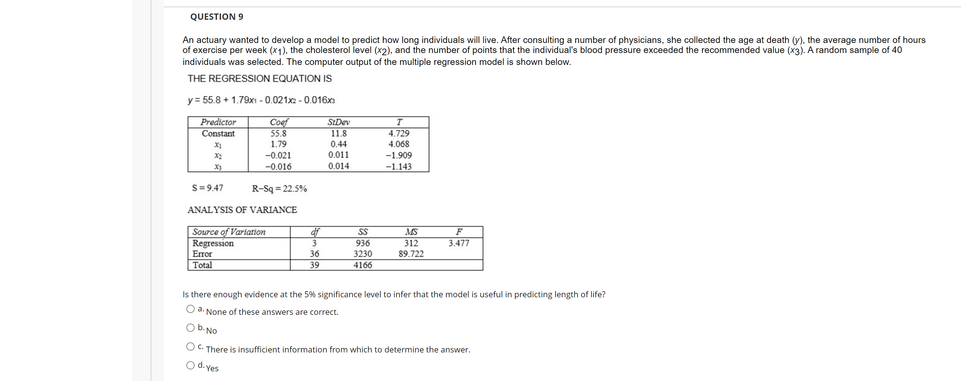 QUESTION 9 An actuary wanted to develop a model to predict