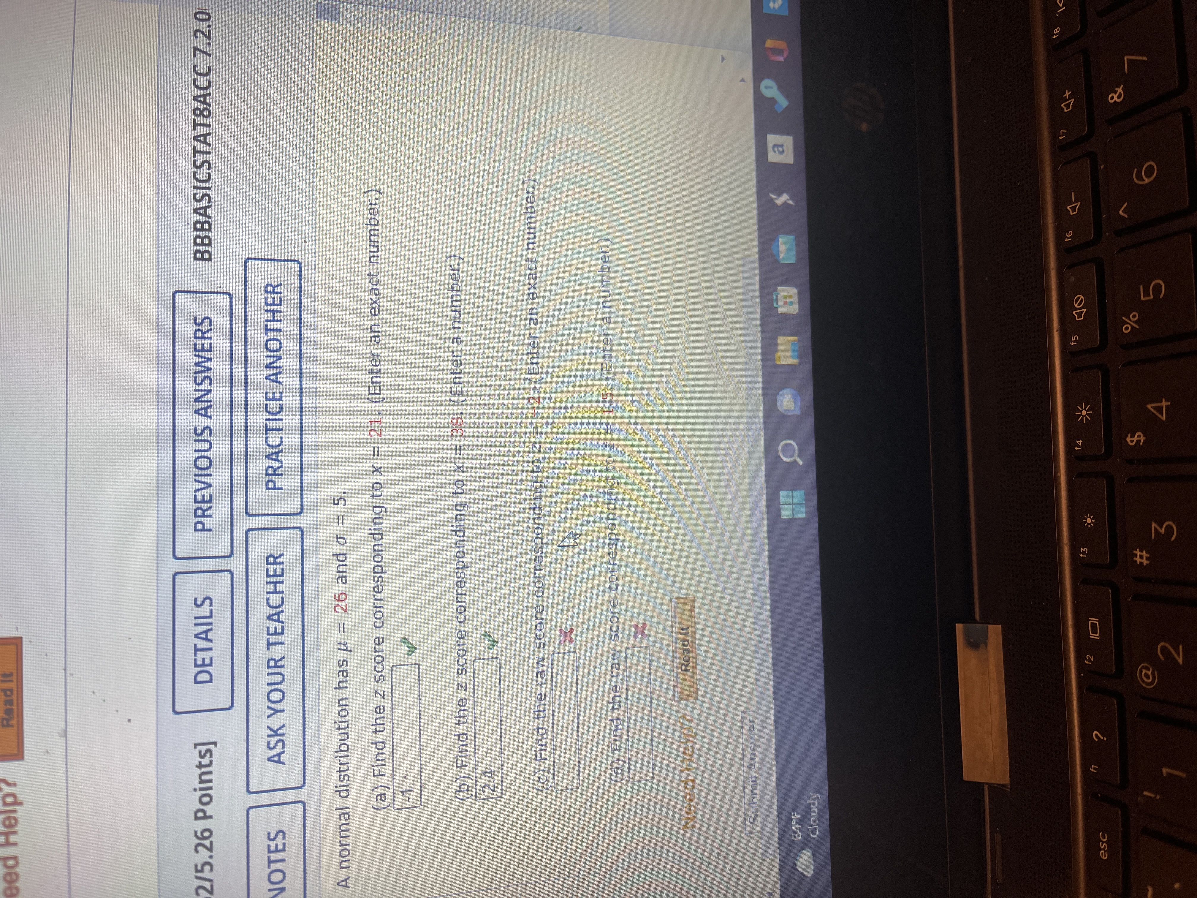  eed Help? Read It 2/5.26 Points] DETAILS PREVIOUS ANSWERS BBBASICSTAT8ACC 7.2.0