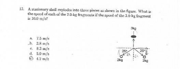 13. A stationary shell explodes into three pieces as shown in
