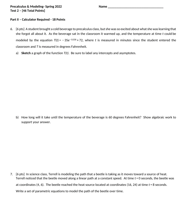 Precalculus & Modeling- Spring 2022 Name Test 2 - [46 Total