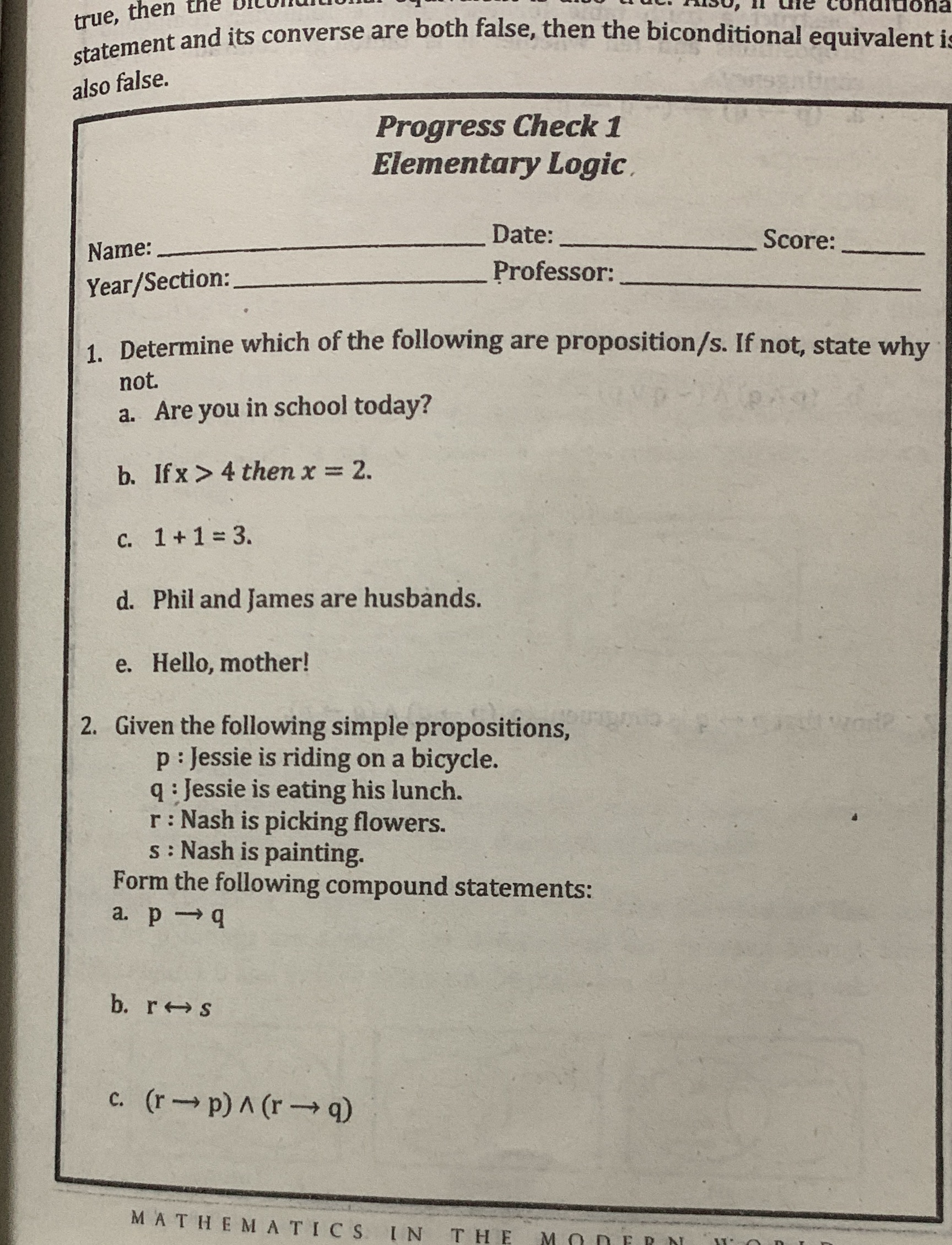 Answer numbers 1-2show complete solution/explanation true, then the aidona statement and its