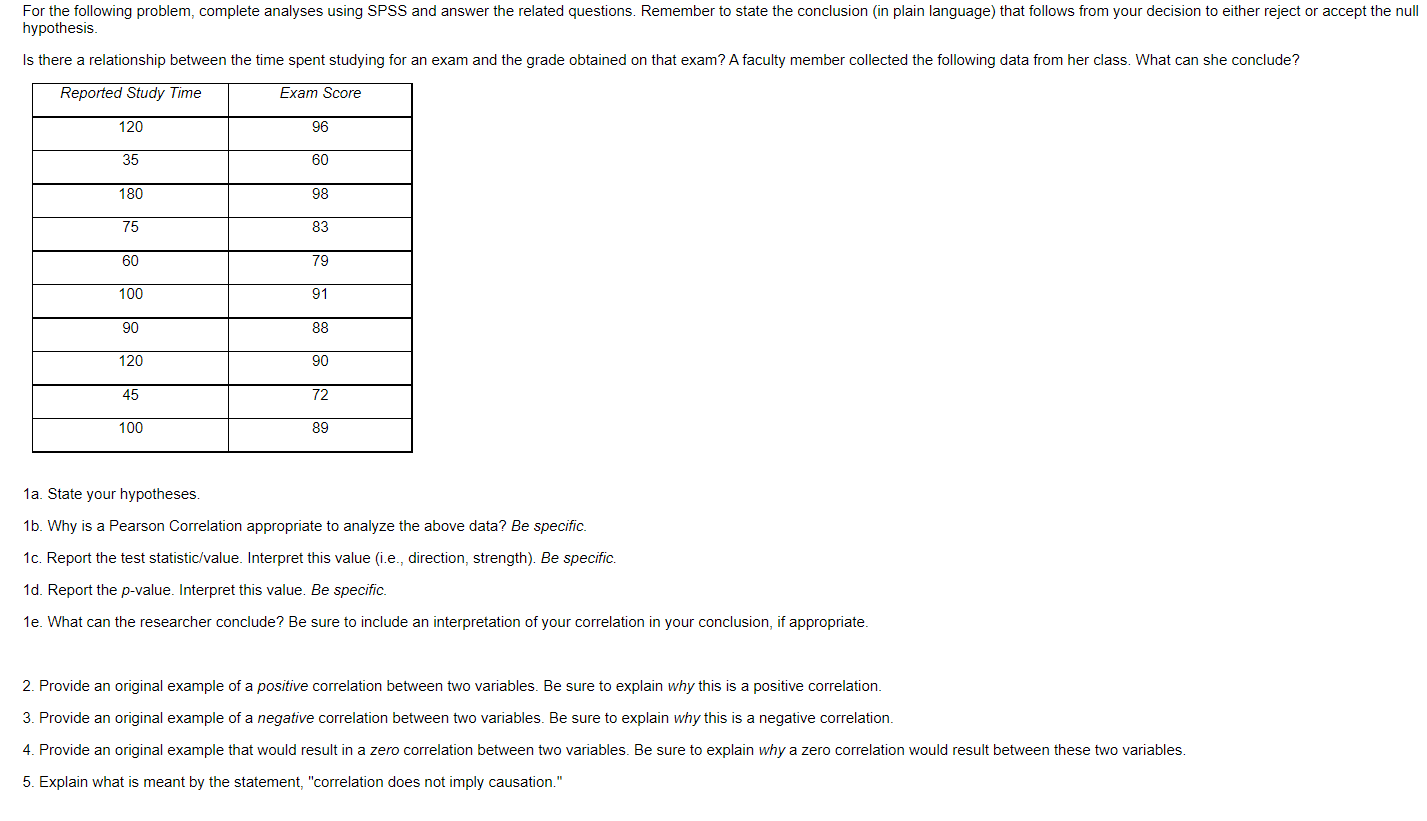  For the following problem, complete analyses using SPSS and answer the