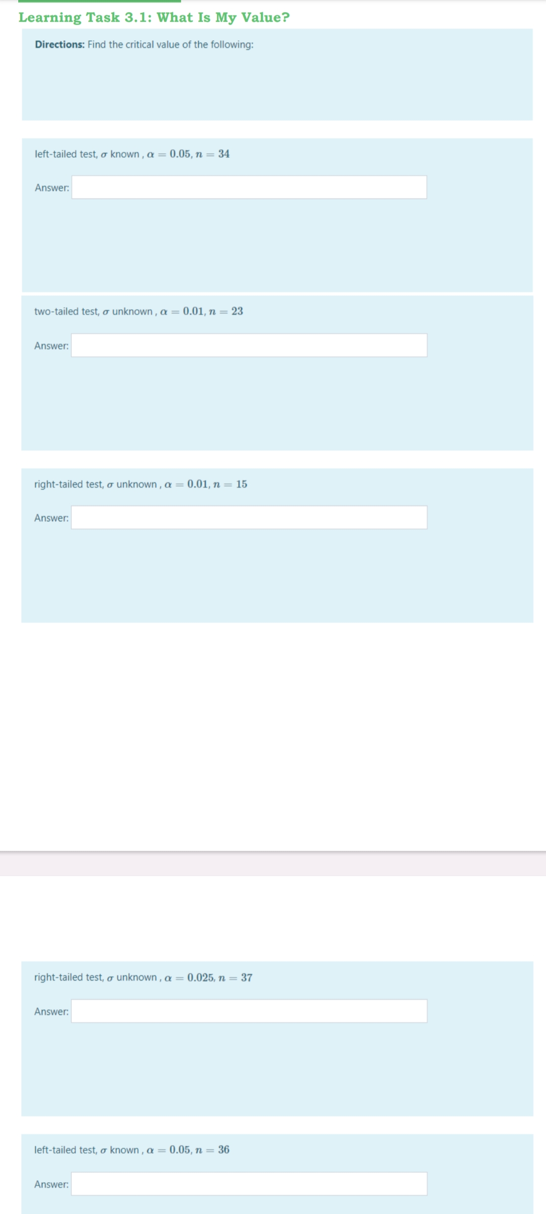 value of each given problem. Shade the rejection region and sketch the