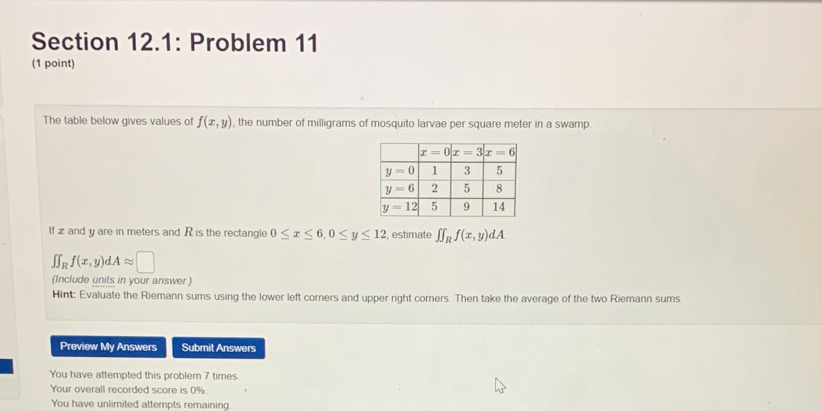  Section 12.1: Problem 11 (1 point) The table below gives values