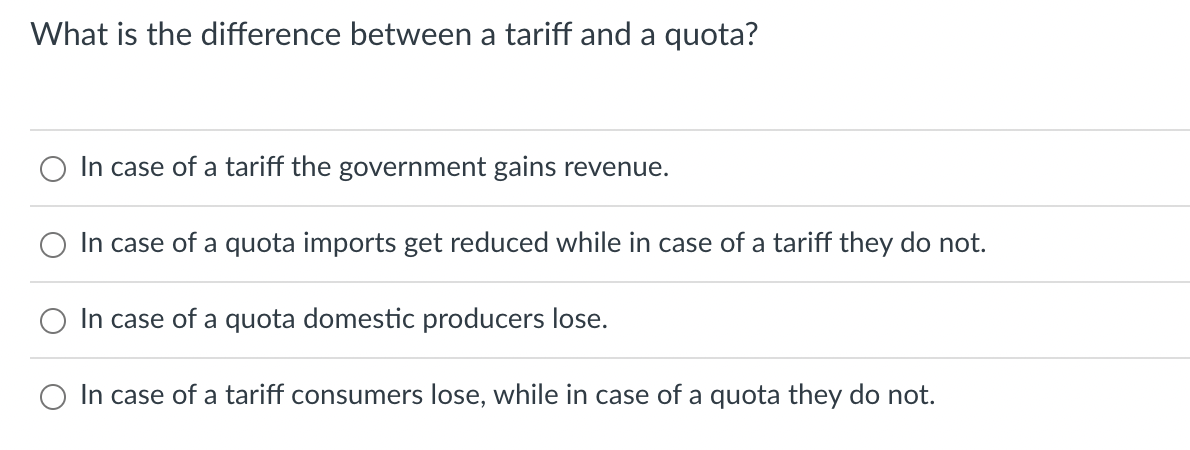 What is the difference between a tariff and a quota? O