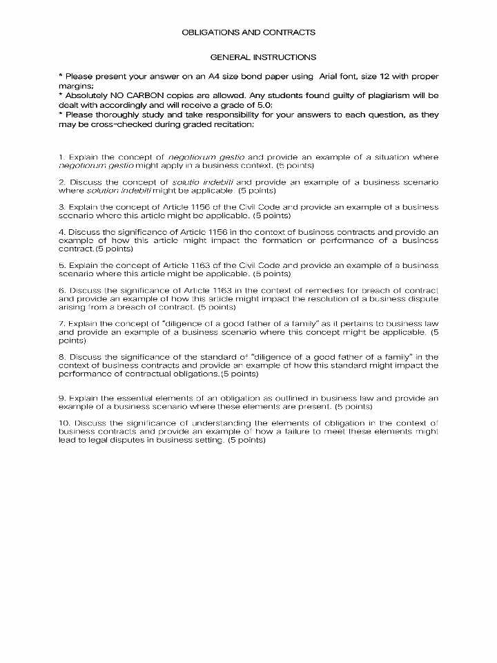 OBLIGATIONS AND CONTRACTS GENERAL INSTRUCTIONS * Please present your answer on