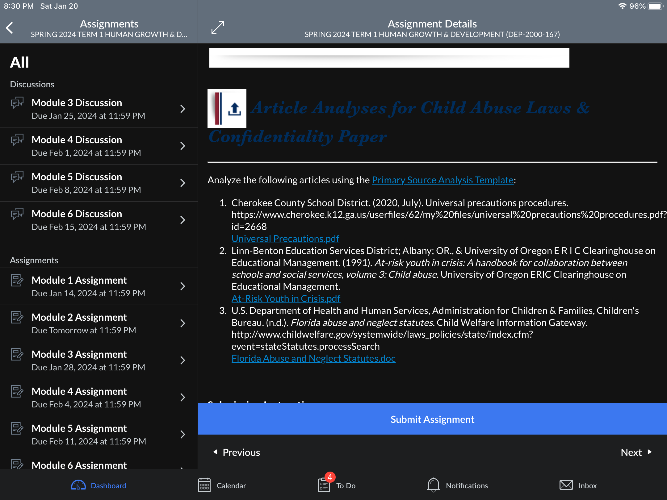 8:30 PM Sat Jan 20 96% Assignments Assignment Details SPRING 2024