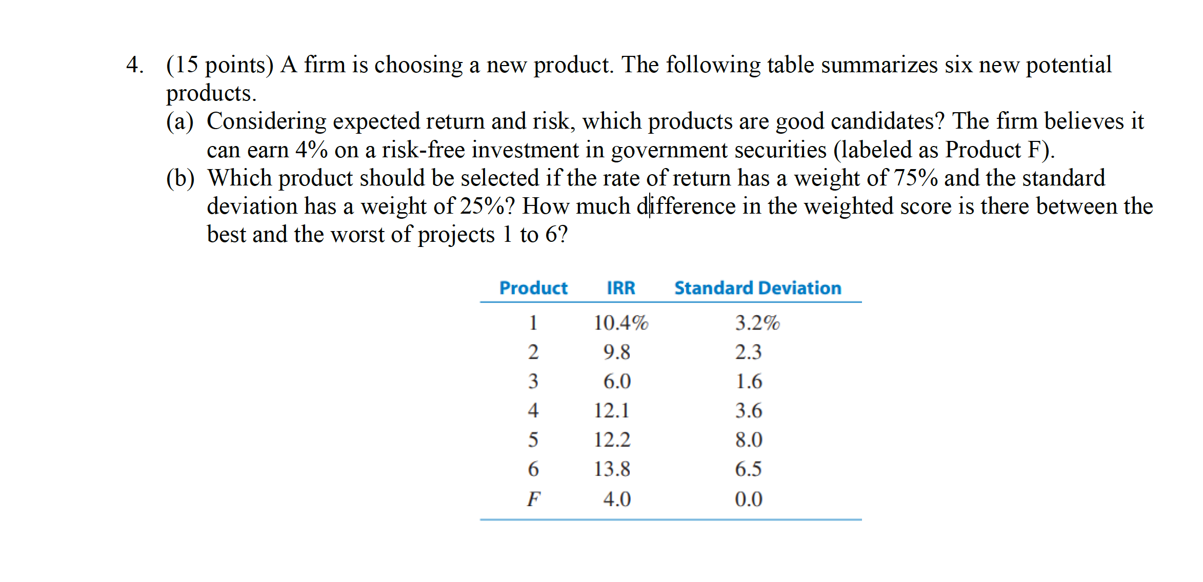 4. (15 points) A rm is choosing a new product. The