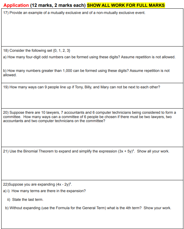  Application [12 marks, 2 marks each} EHDW ALL WORK FOR FULL