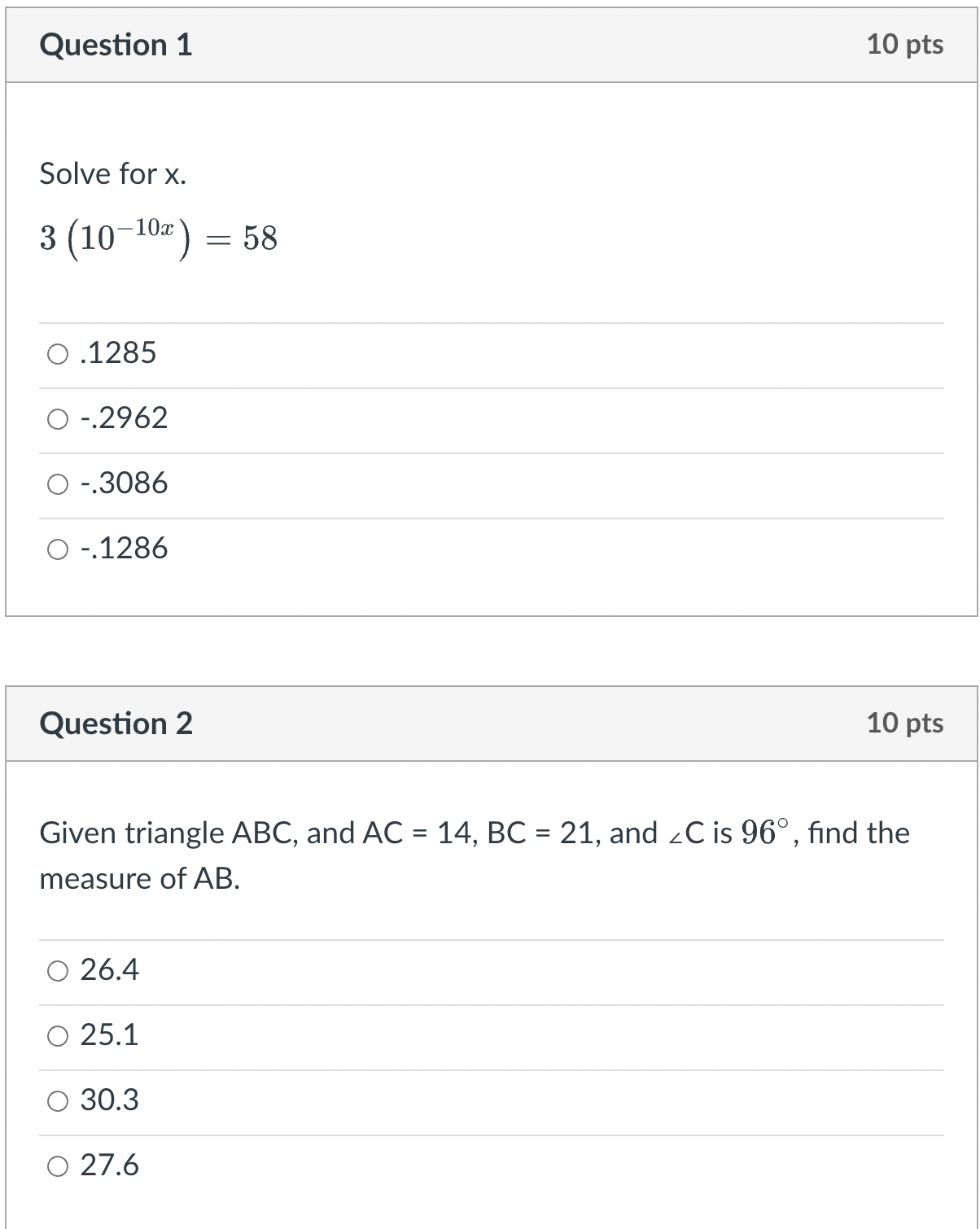 Question 1 10 pts Solve for x. 3 (10-10x ) =