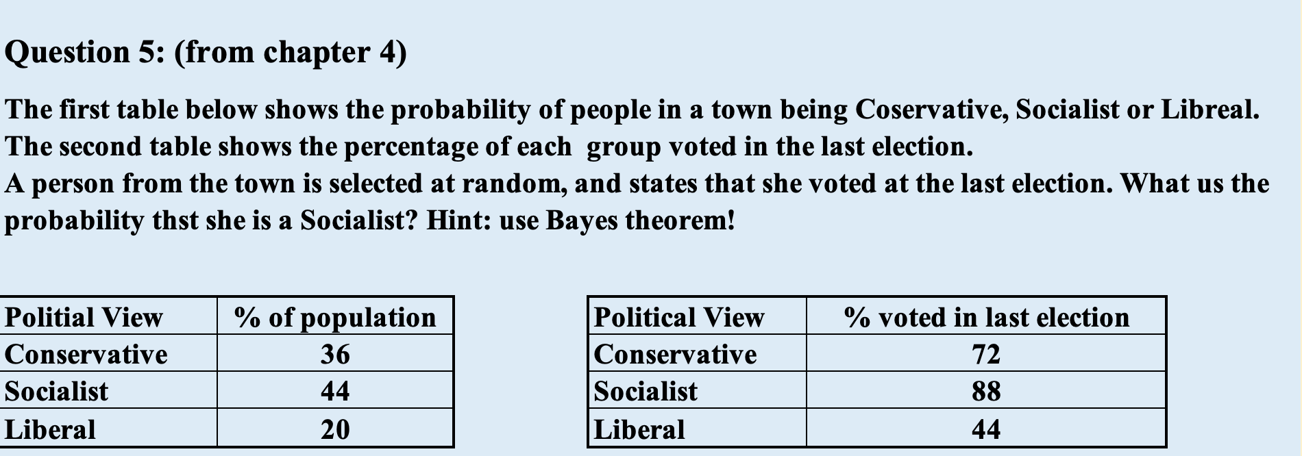 Question 5: (from chapter 4) The rst table below shows the