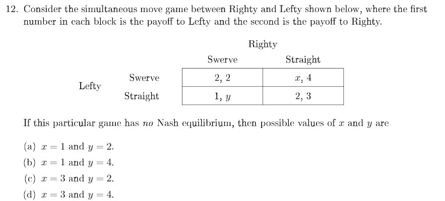  12. Consider the simultaneous move game between Righty and Lefty shown