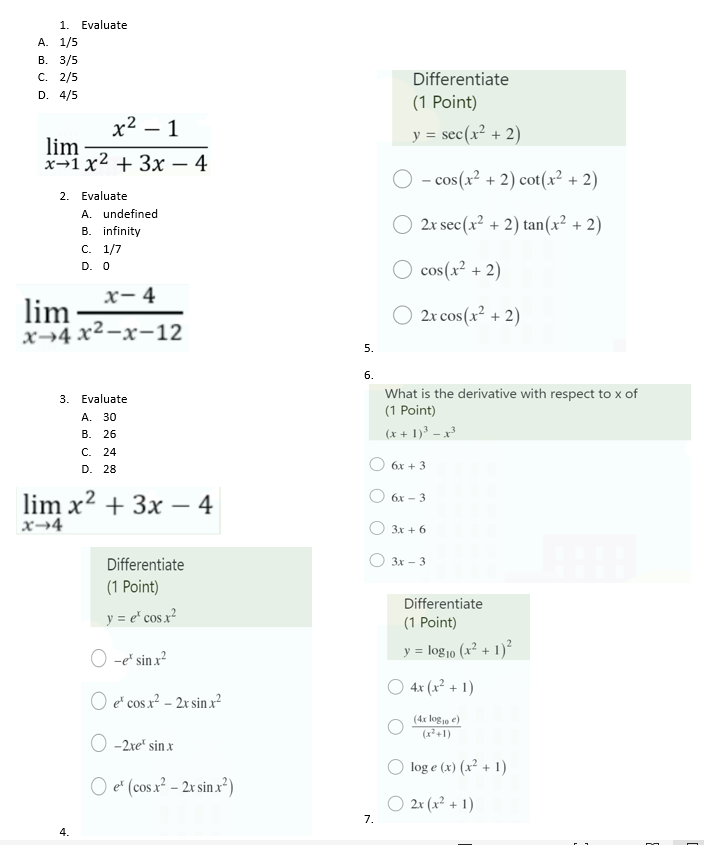  1. Evaluate A. . 3/5 C. 2/5 Differentiate D. 4/5 (1