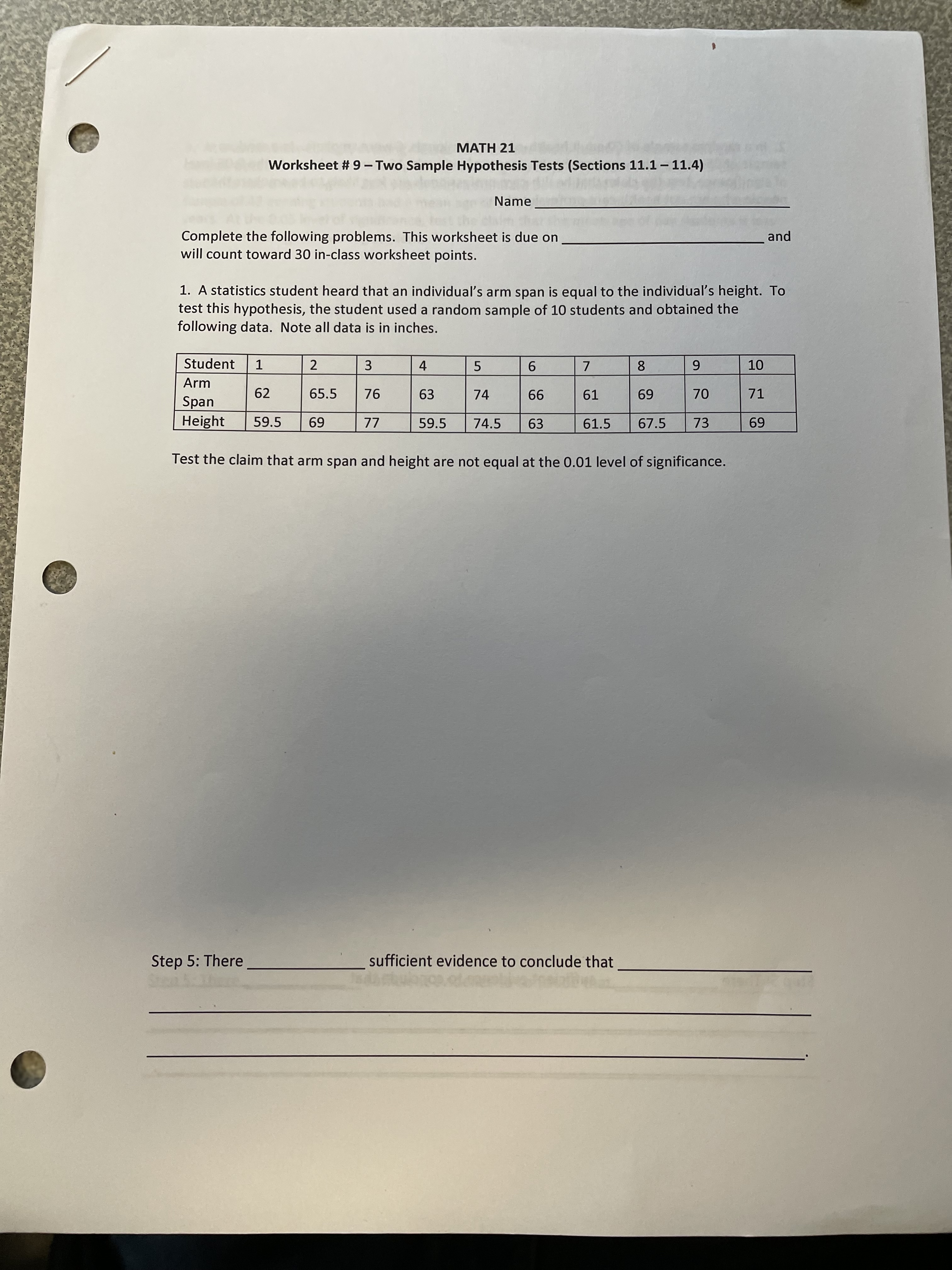  MATH 21 Worksheet # 9 - Two Sample Hypothesis Tests (Sections