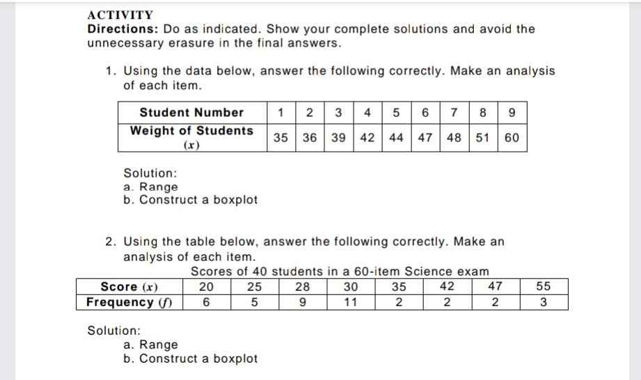 ACTIVITY Directions: Do as indicated. Show your complete solutions and avoid