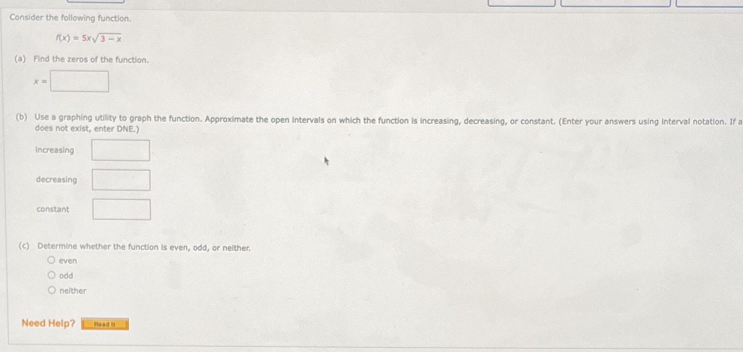 Consider the following function. ((x) = 5xV 3 - x (a)