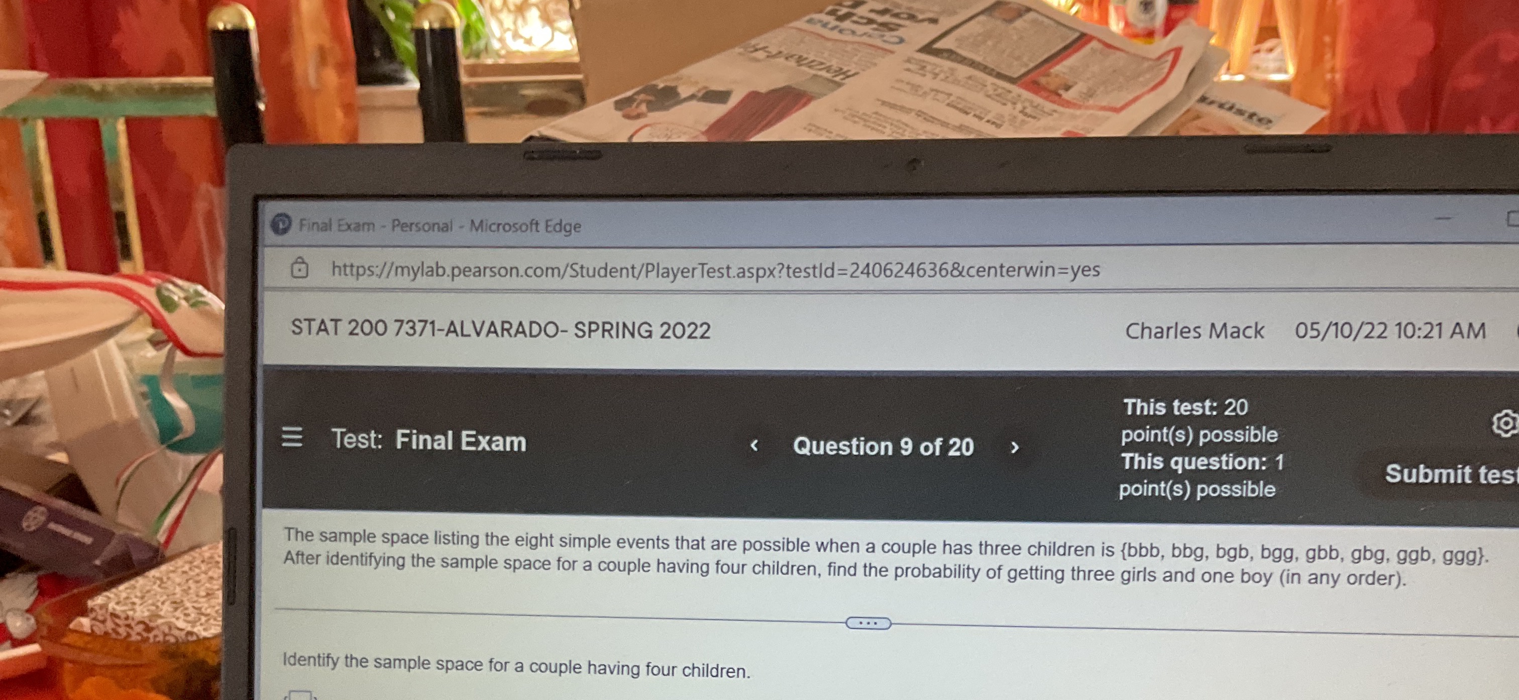  Final Exam - Personal - Microsoft Edge @ https://mylab.pearson.com/Student/PlayerTest.aspx?testld=240624636&centerwin=yes STAT 200