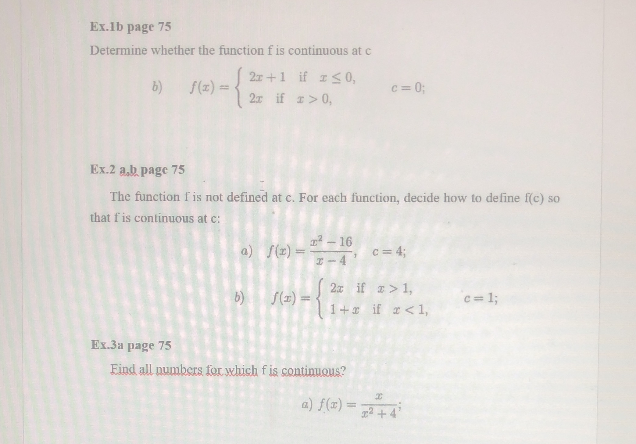  Ex.1b page 75 Determine whether the function f is continuous at