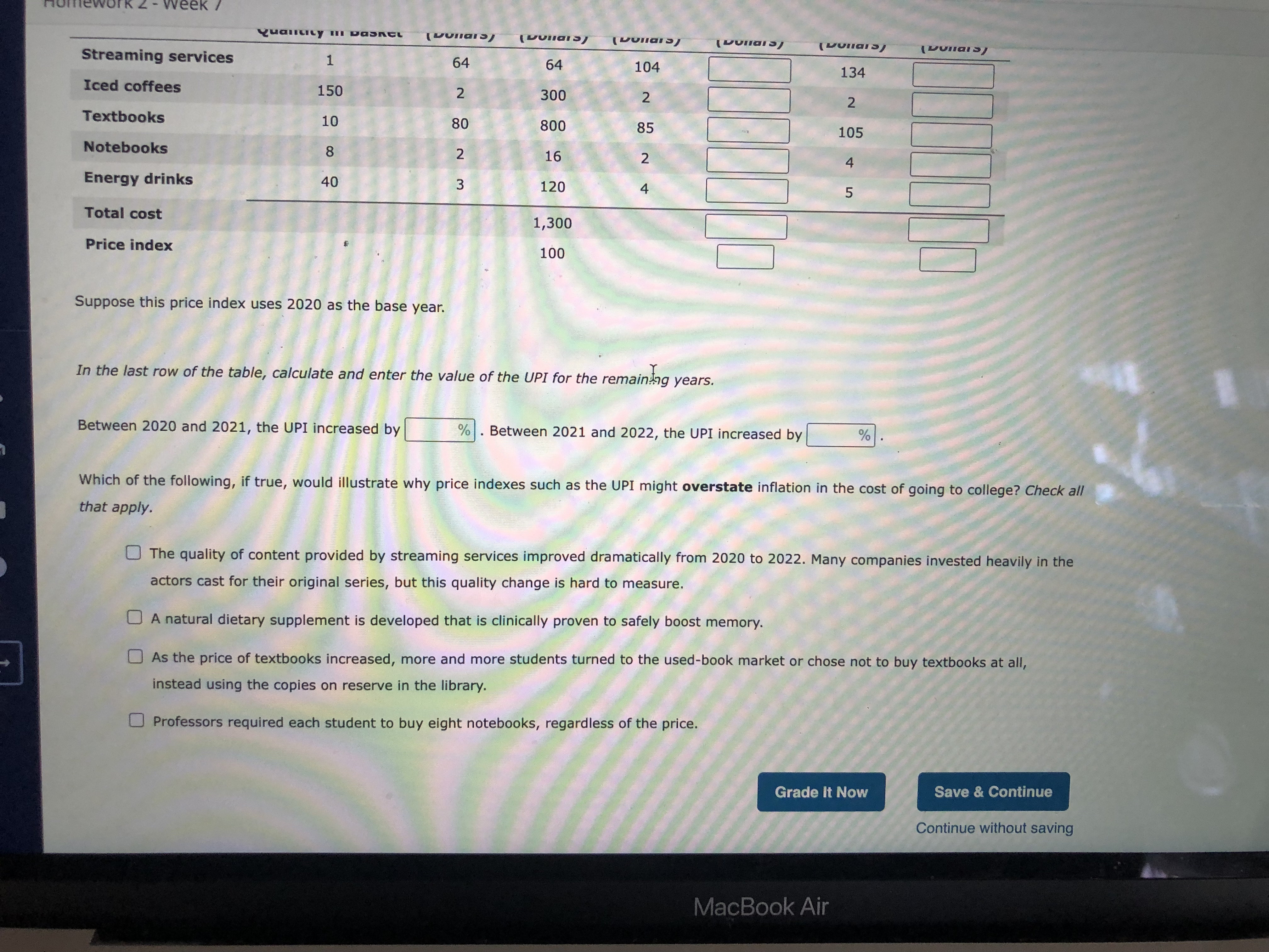 Calculating inflation using a simple price index Consider an imaginary price index,