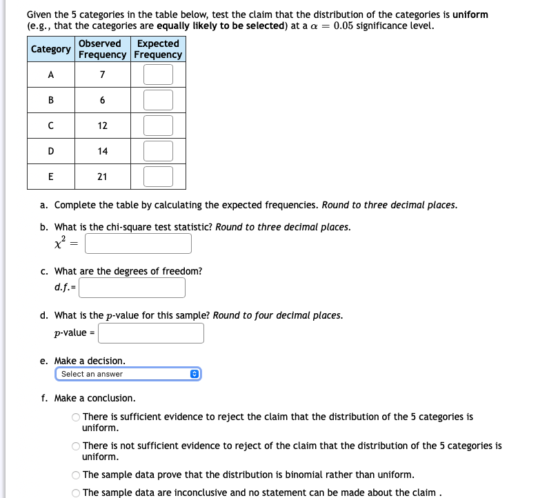  Given the 5 categories in the table below, test the claim