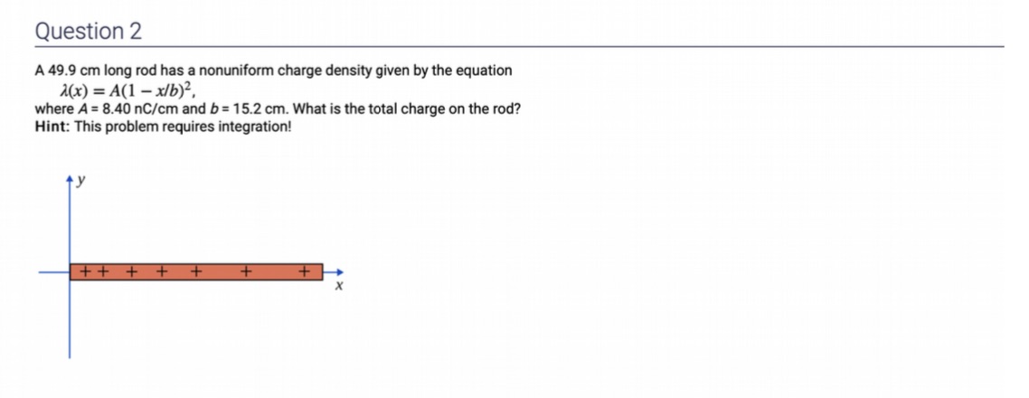 Question 2 A 49.9 cm long rod has a nonuniform charge
