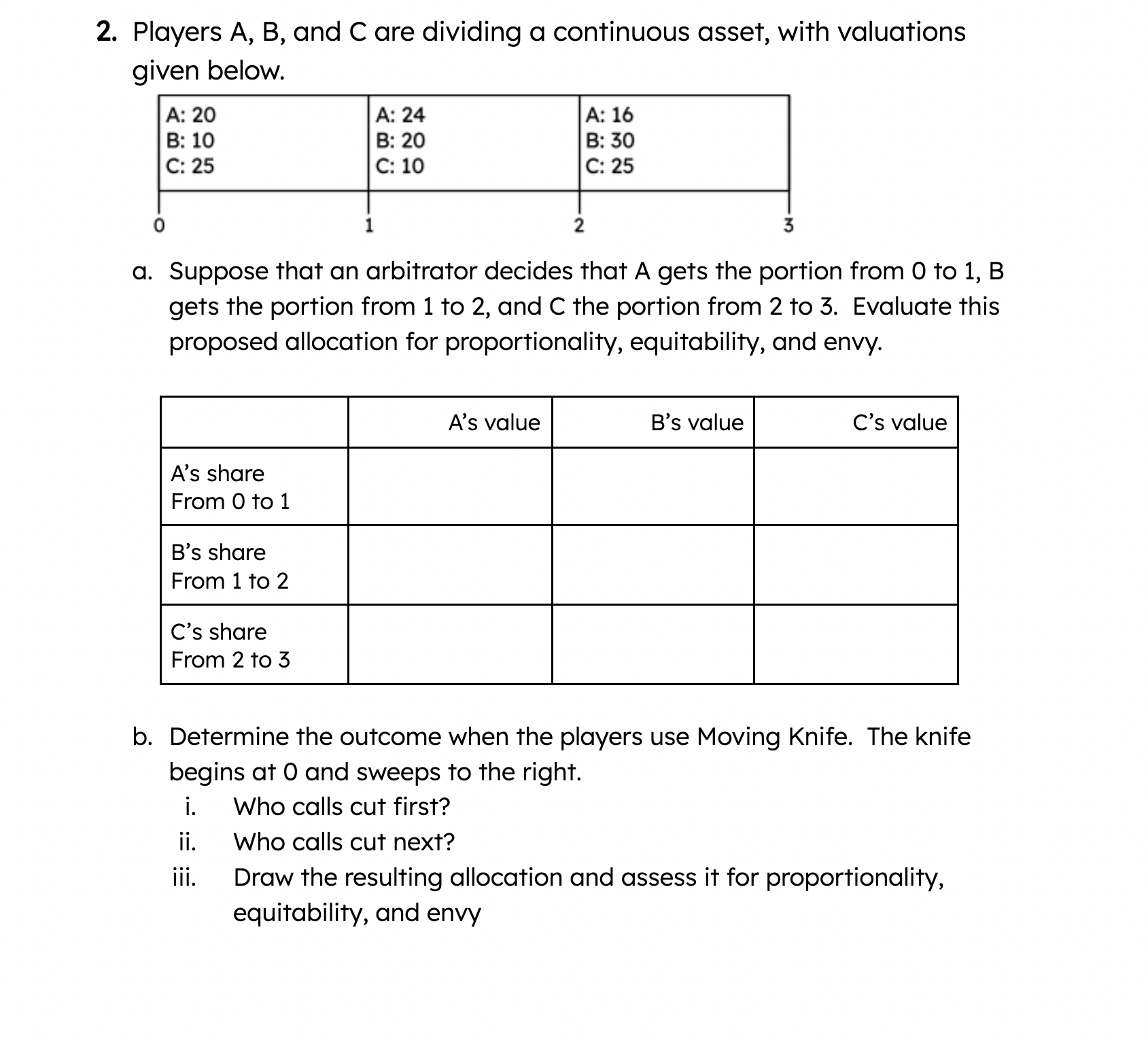  2. Players A, B, and C are dividing a continuous asset,