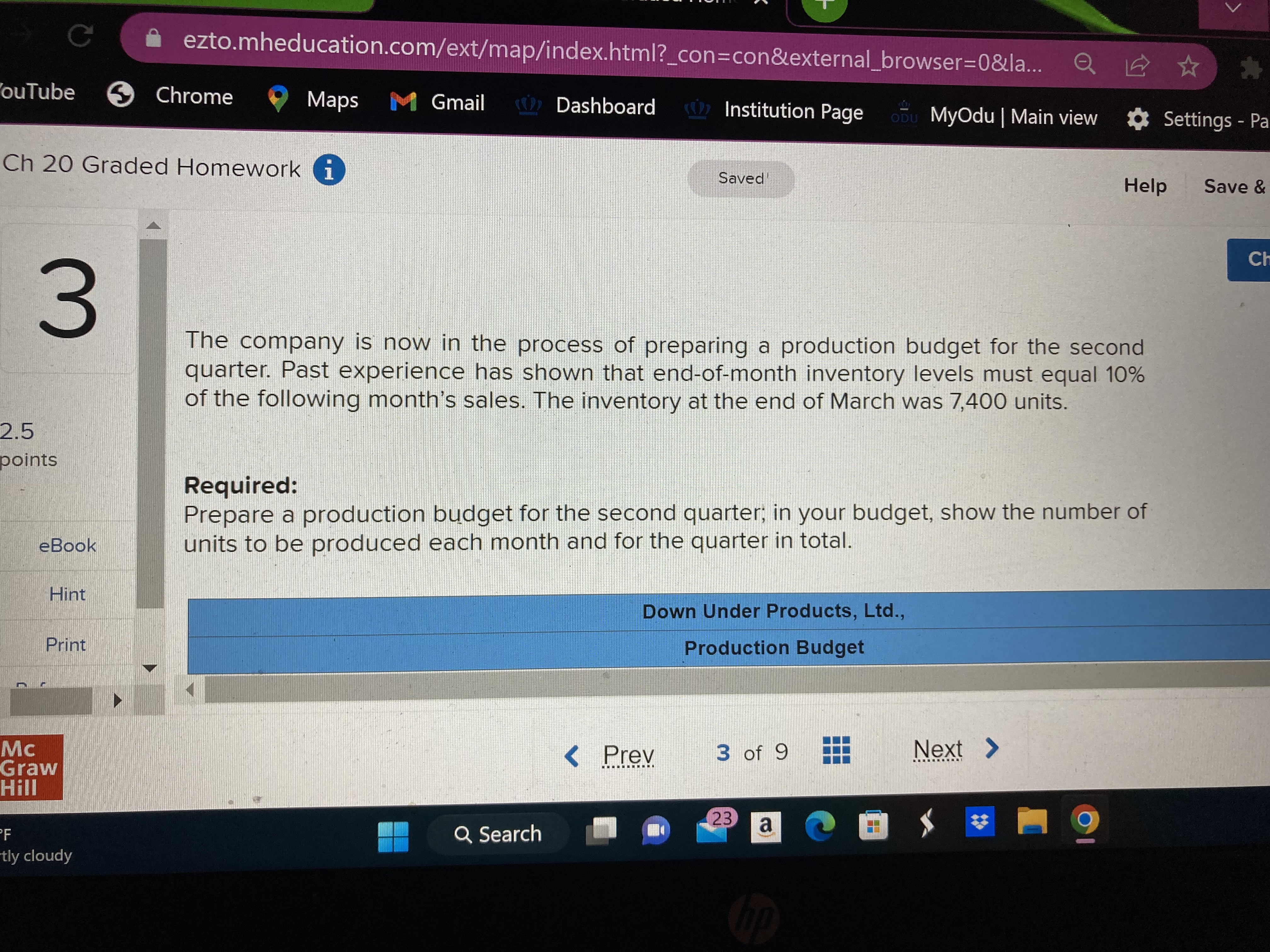 Page on MyOdu | Main view Setting Ch 20 Graded Homework Saved